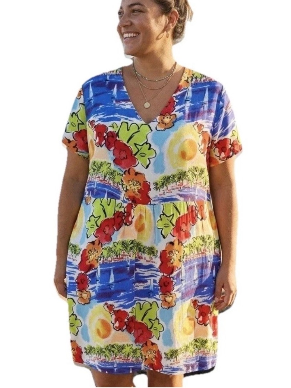 Loco Lindo Vintage Novelty Beach Dress Tropical Hawaiian Sunset XL Sundress